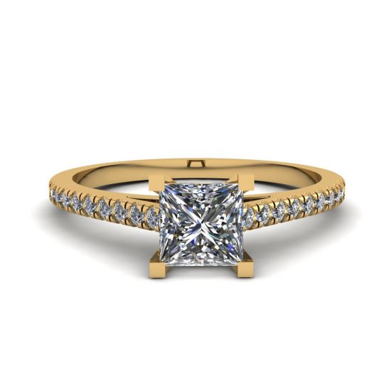 公主方形切割扇形密钉订婚戒指黄金, 放大圖像 1