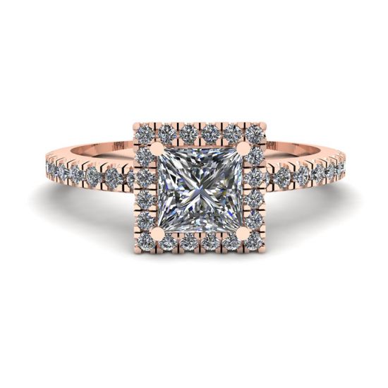 公主方形切割浮动光环钻石订婚戒指玫瑰金, 放大圖像 1