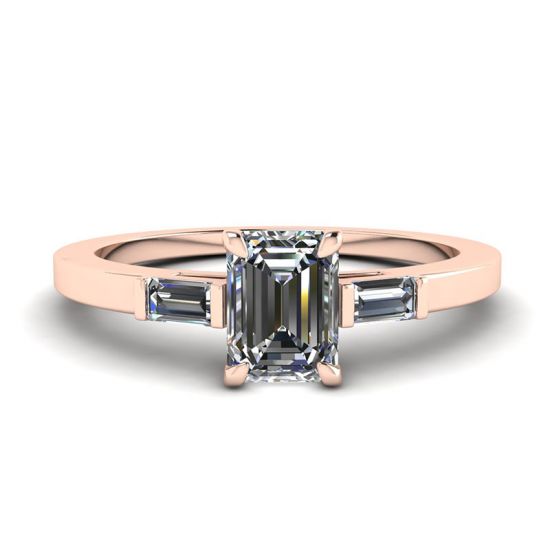 祖母绿切割和侧面长方形钻石戒指玫瑰金, 放大圖像 1