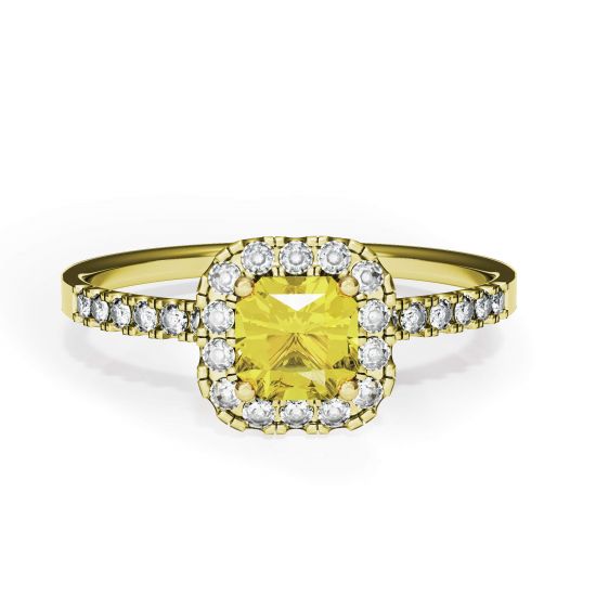 垫形 0.5 克拉黄钻戒指，带光环黄金, 放大圖像 1