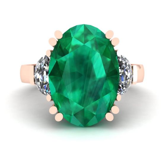 椭圆形祖母绿半月形钻石戒指玫瑰金, 放大圖像 1