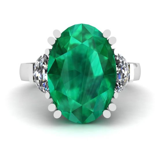椭圆形祖母绿配半月形钻石戒指, 放大圖像 1
