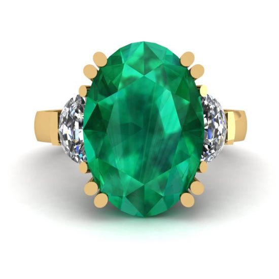 椭圆形祖母绿配半月形钻石戒指黄金, 放大圖像 1
