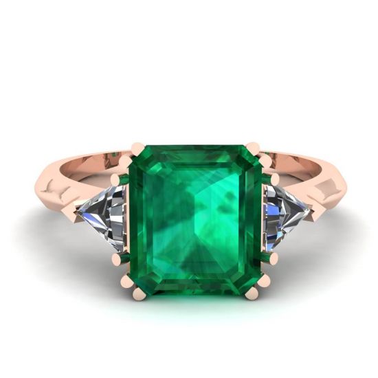 3 克拉祖母绿戒指镶三角边钻石玫瑰金, 放大圖像 1