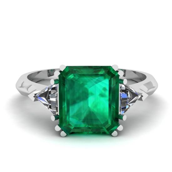 3 克拉祖母绿戒指镶三角边钻石白金, 放大圖像 1
