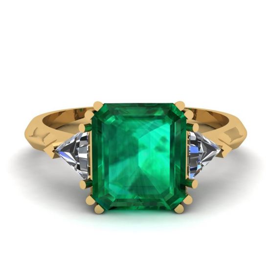 3 克拉祖母绿戒指镶三角边钻石黄金, 放大圖像 1