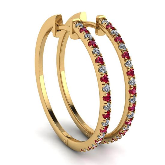 镶有红宝石和钻石的黄金圈形耳环, 放大圖像 1