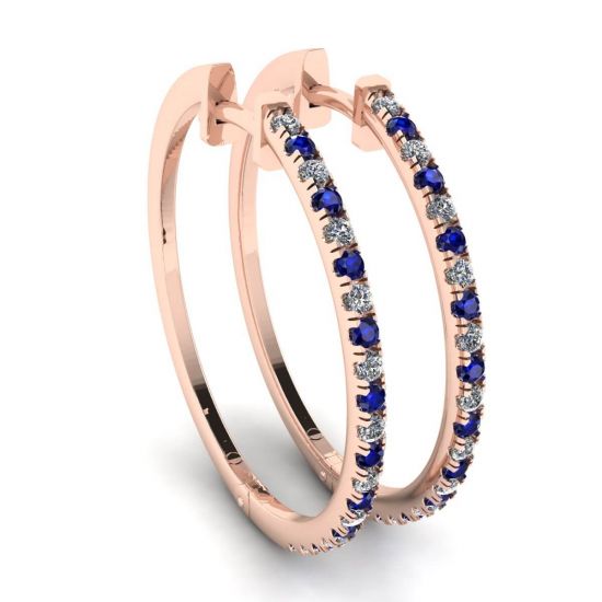 环形蓝宝石和钻石耳环 玫瑰金, 放大圖像 1