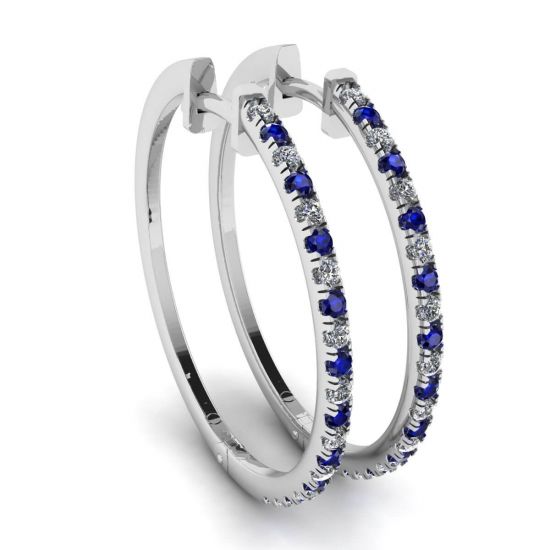 环形蓝宝石和钻石耳环 白金, 放大圖像 1