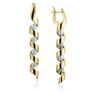 海洋珍珠和钻石黄金长耳环 - Ruban 系列