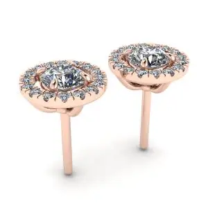 18K 玫瑰金圆形钻石光环耳钉 - 照片 2